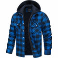 Blue plaid hooded jacket with black quilted lining and front zip closure