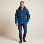 Men's dark blue plaid hooded jacket with front buttons and chest pockets