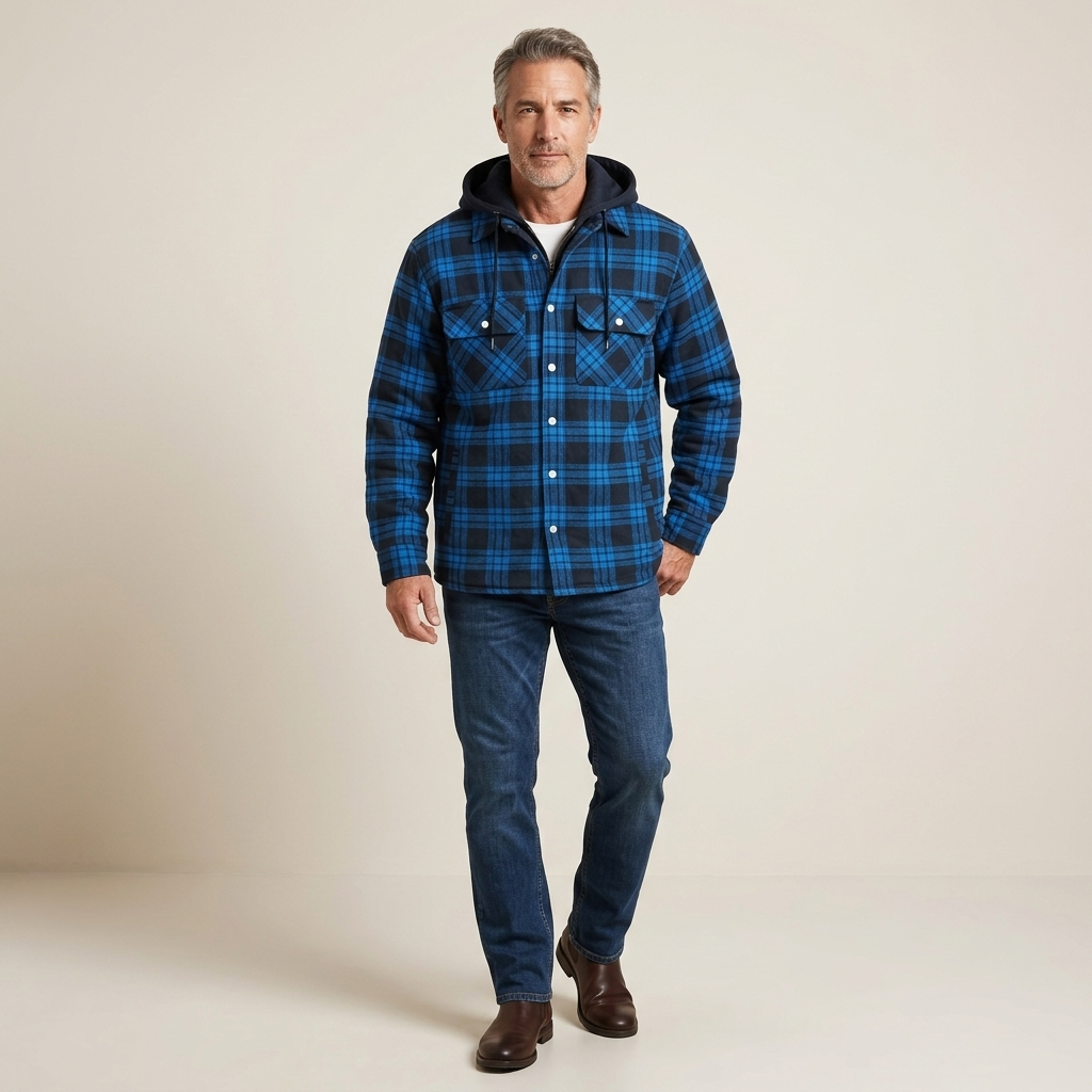 Men's dark blue plaid hooded jacket with front buttons and chest pockets