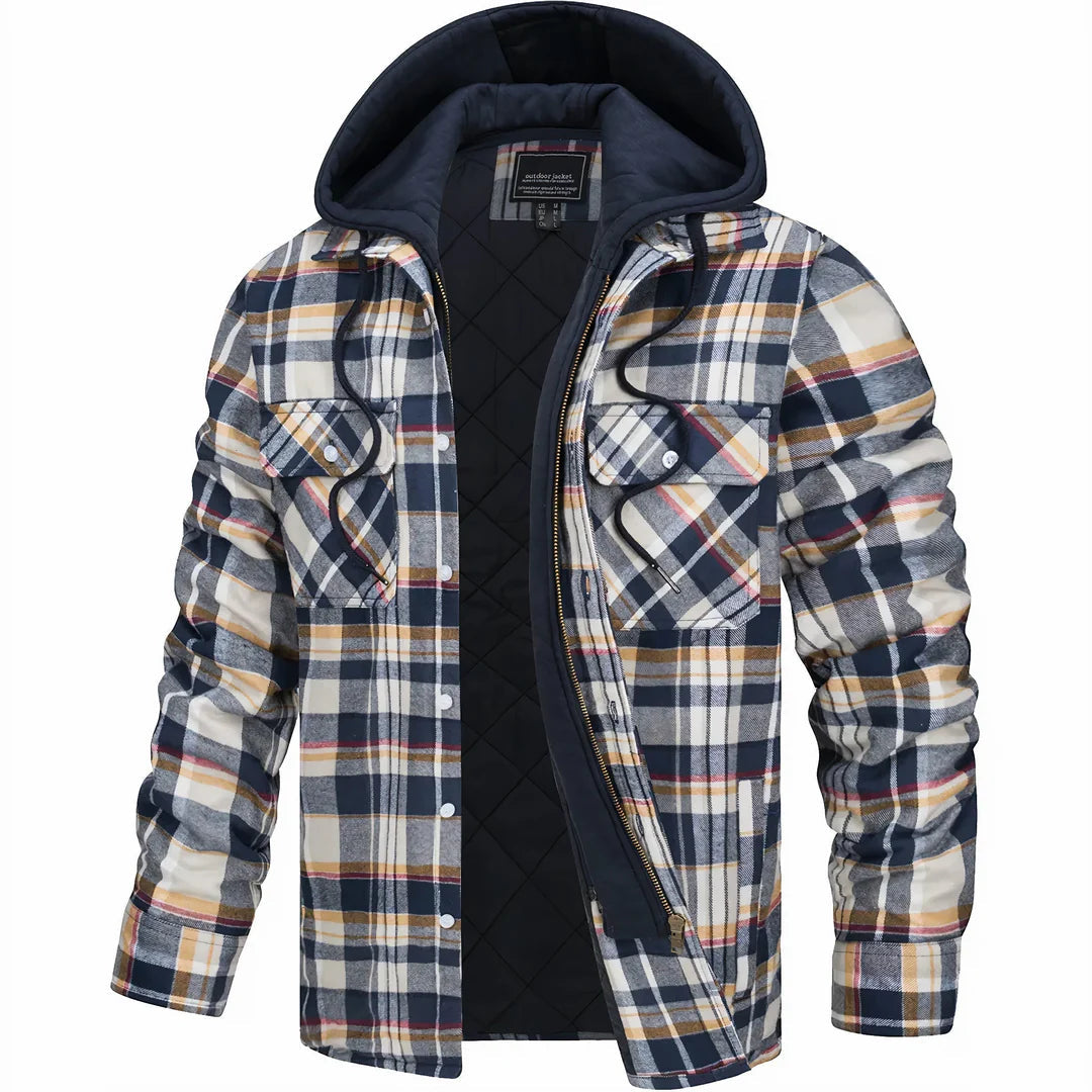 Black, white, and tan plaid hooded jacket with black quilted lining and front zip
