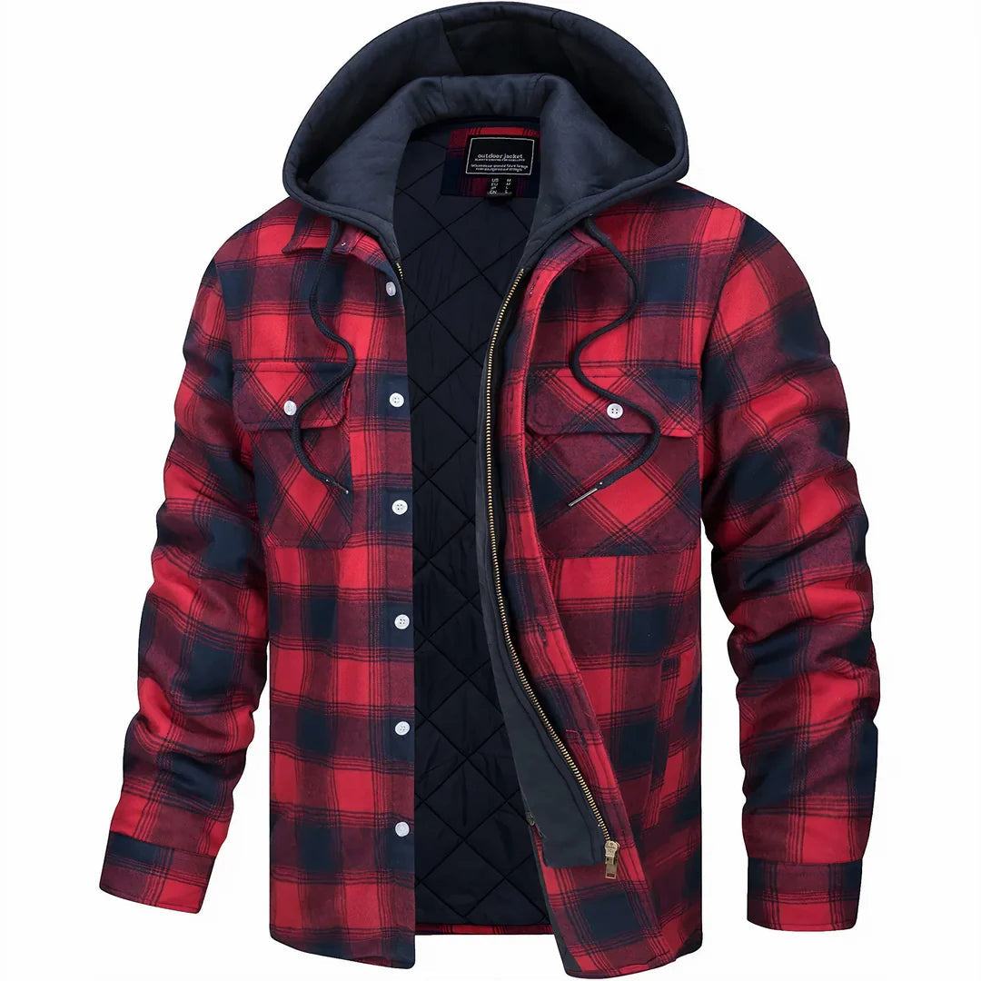 Red plaid hooded jacket with black quilted lining and front zip closure