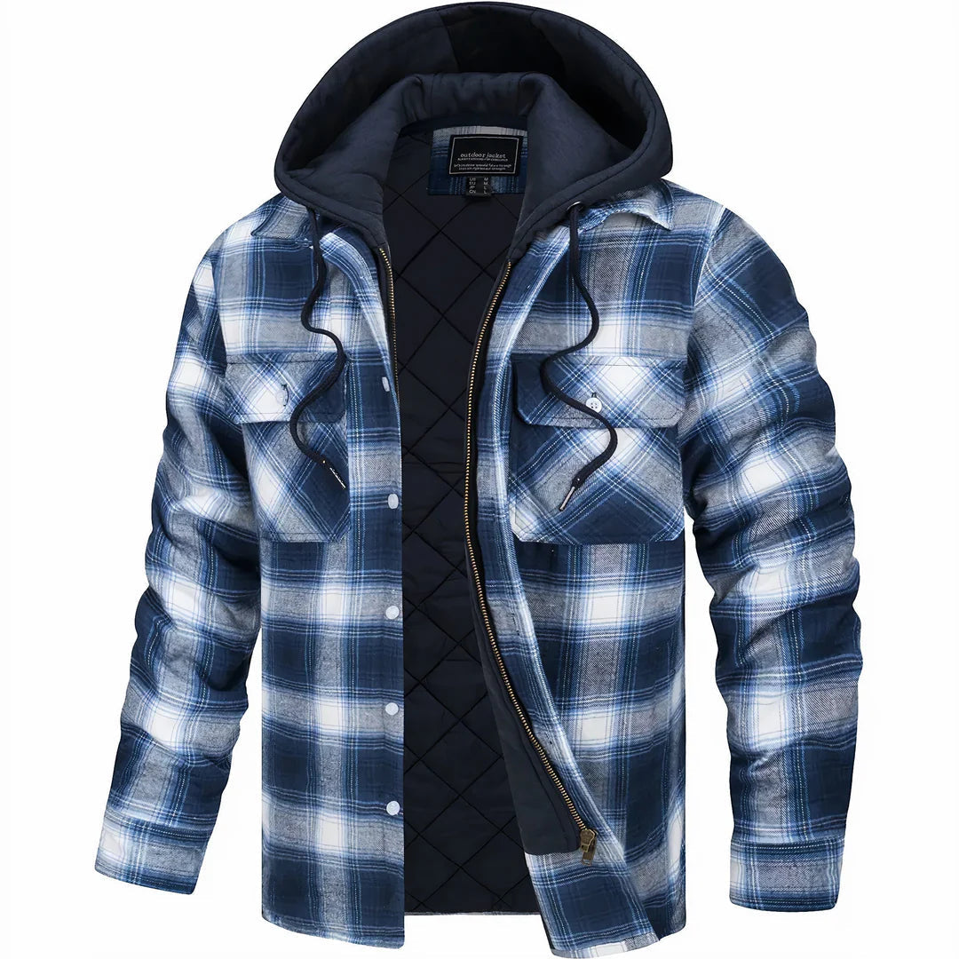 Light blue plaid hooded jacket with black quilted lining and front zip closure