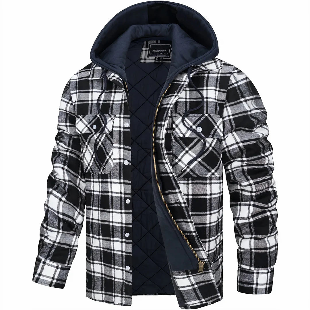 Black and white plaid hooded jacket with black quilted lining and front zip closure