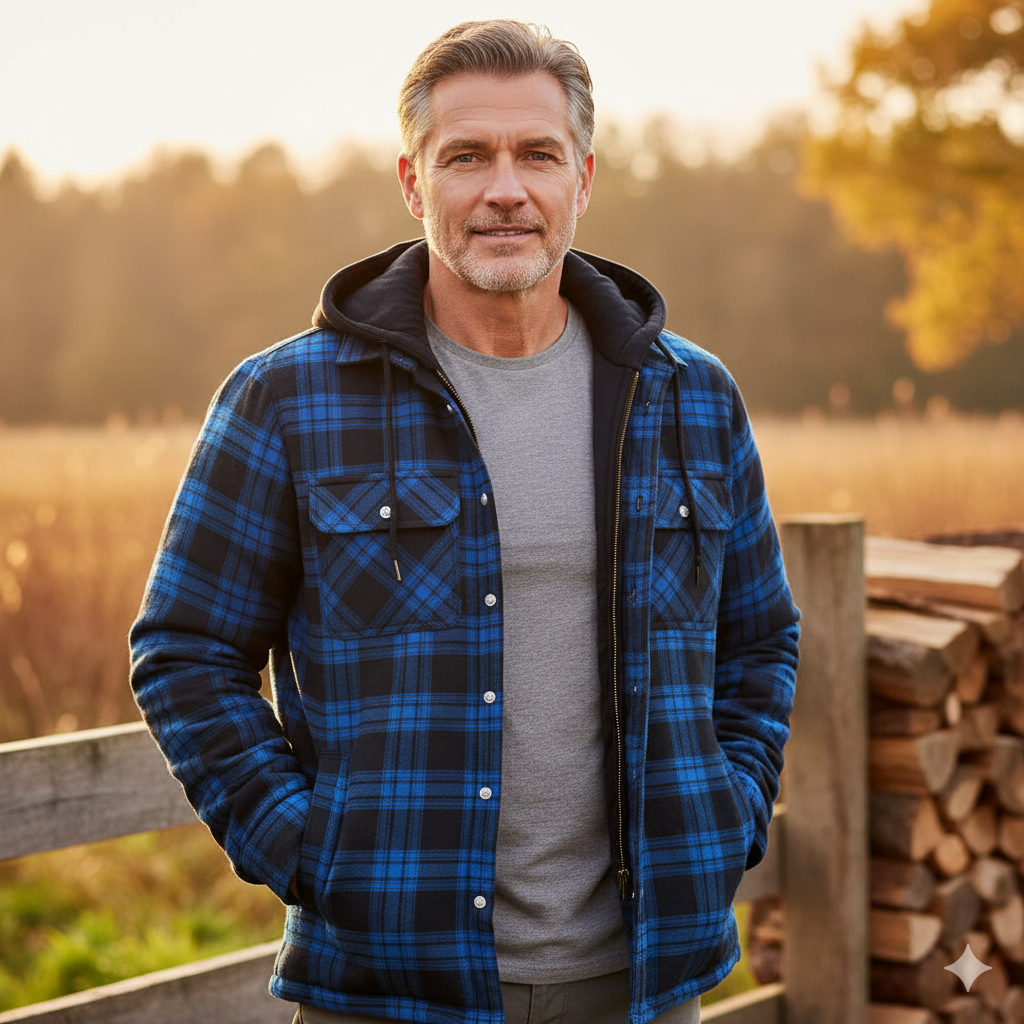 Blue plaid hooded jacket with black quilted lining, front zip, worn with hood up