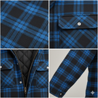 Blue plaid jacket details: snap pocket flaps and visible front zipper