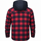Red plaid hooded jacket back view with dark hood and quilted trim