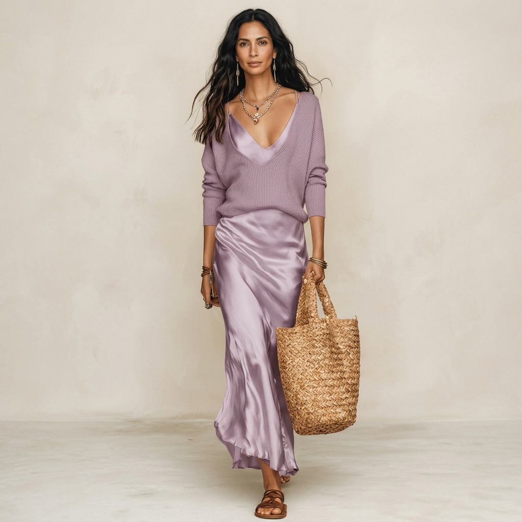Women’s satin midi dress set with mauve V-neck knit top and flowing satin skirt