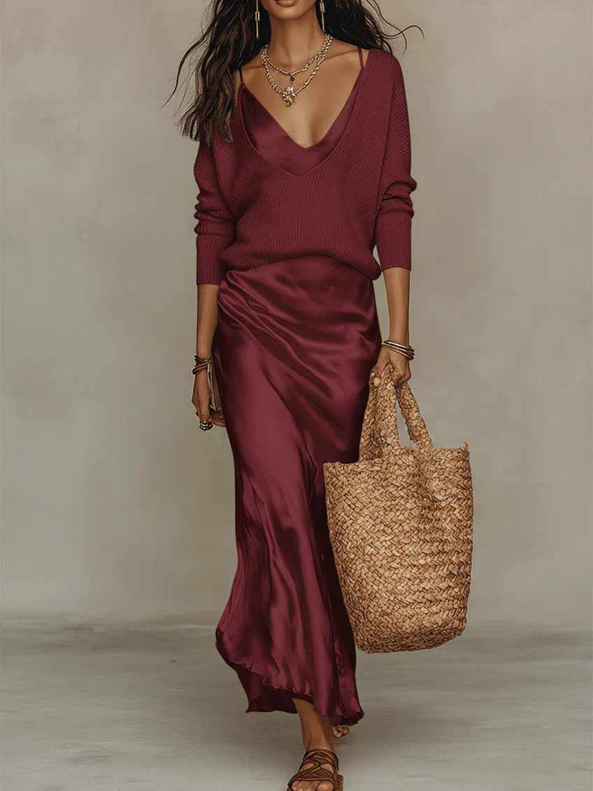 Red satin V-neck midi dress with ribbed knit top, three-quarter sleeves