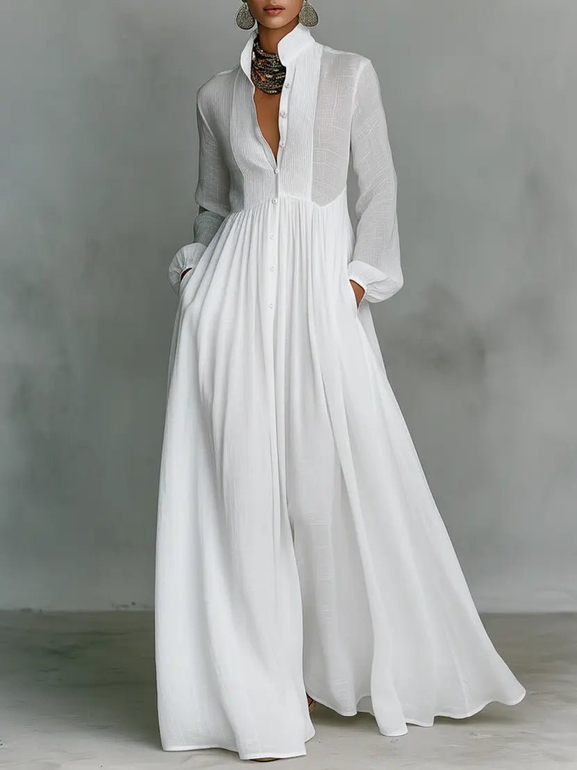 White women's maxi dress with stand collar, button front and gathered waist