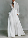 White women's maxi dress with stand collar, button front and gathered waist