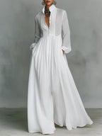 White women's maxi dress with stand collar, button front and gathered waist