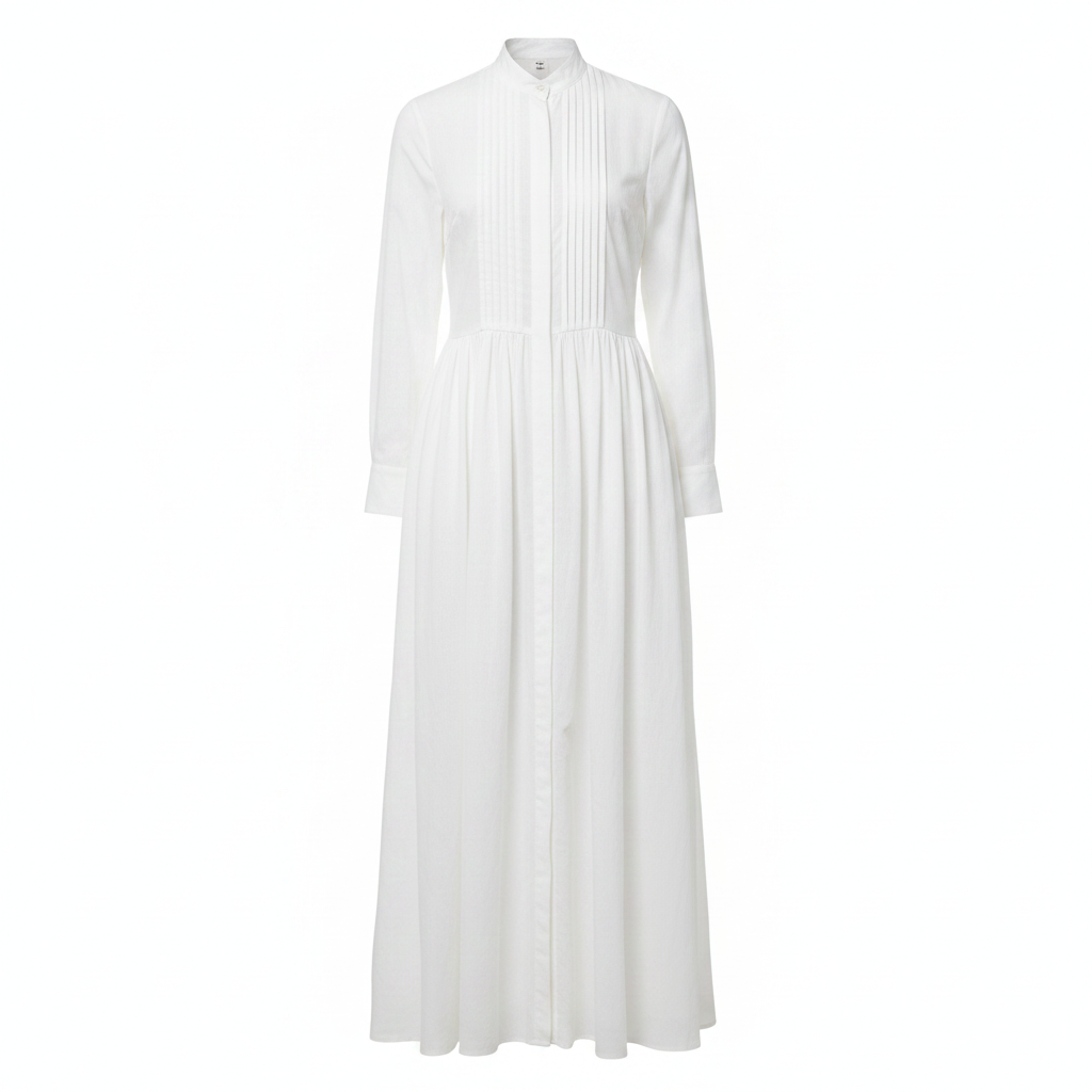 White women's structured maxi dress with stand collar, button front and long sleeves