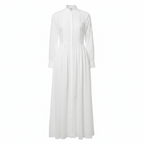 White women's structured maxi dress with stand collar, button front and long sleeves