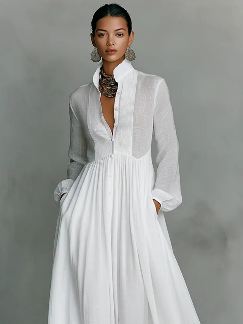 White women's maxi dress with stand collar, button front and long sleeves