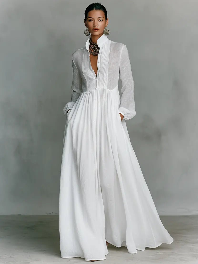 White women's maxi dress with stand collar, button front and full skirt