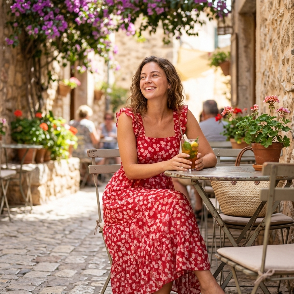 Women's red floral square-neck midi dress with ruffled elastic straps and A-line skirt