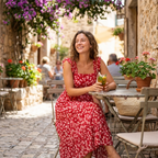 Women's red floral square-neck midi dress with ruffled elastic straps and A-line skirt