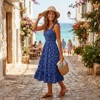 Blue floral square-neck sleeveless midi dress with elastic straps and tiered ruffle hem