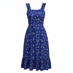 Blue floral square-neck midi dress, elastic straps, tiered ruffle A-line skirt