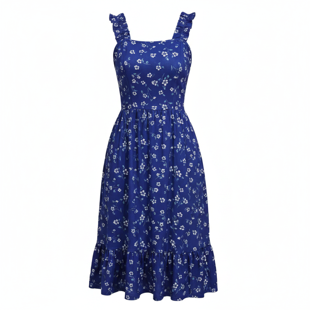 Blue floral square-neck midi dress, elastic straps, tiered ruffle A-line skirt