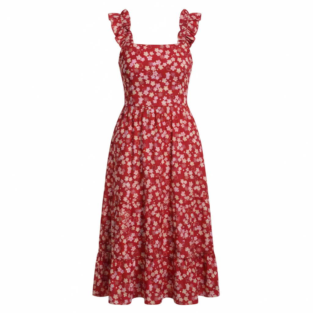 Women's red floral midi dress, square neck, elastic straps, ruffled A-line hem