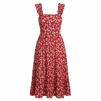 Women's red floral midi dress, square neck, elastic straps, ruffled A-line hem