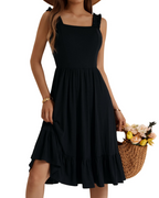 Women's black midi dress with square neck and elastic straps, tiered ruffle skirt