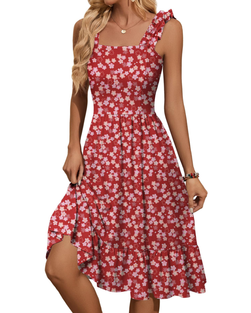 Red floral women's midi dress with square neck, ruffled elastic straps, flowy tiered skirt.