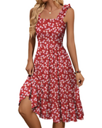 Red floral women's midi dress with square neck, ruffled elastic straps, flowy tiered skirt.
