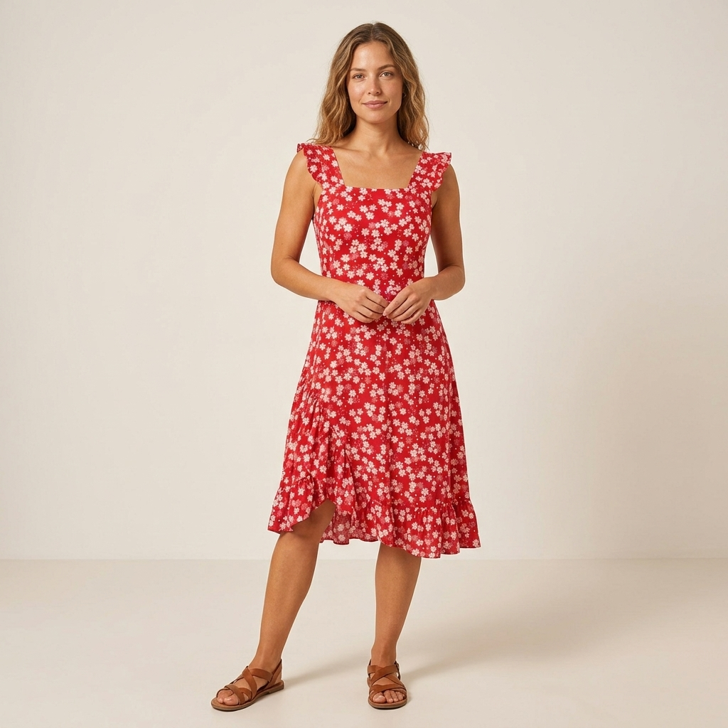 Red floral square-neck A-line midi dress, sleeveless, ruffled hem