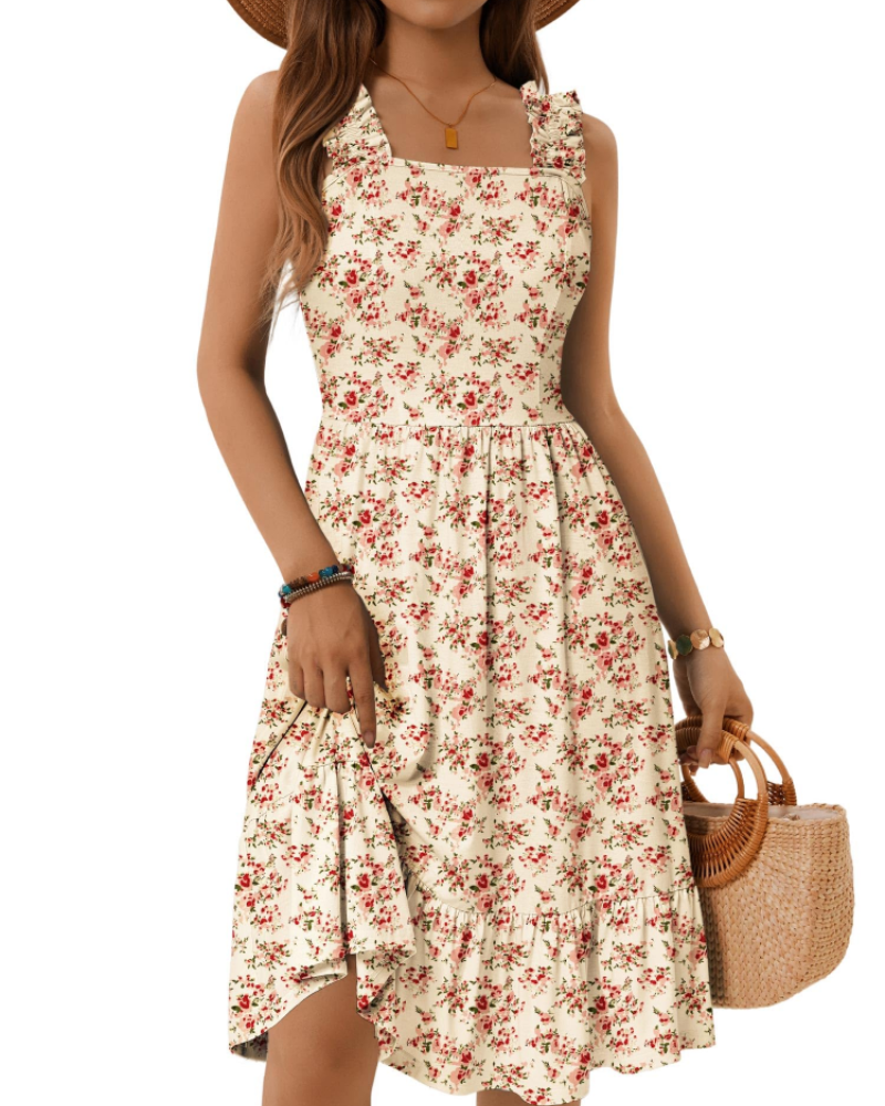 Women's white floral midi dress with square neckline, elastic straps, tiered ruffle detailing