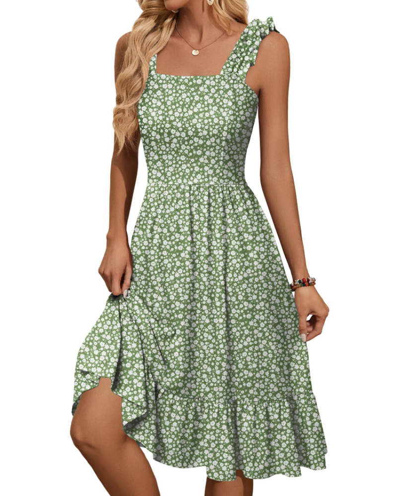 Women's light green floral midi dress with square neckline, elastic straps, tiered ruffles