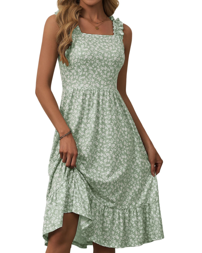 Women's sage green floral midi dress with square neckline, elastic straps, tiered ruffle layers