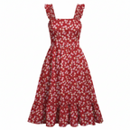Red floral square-neck A-line midi dress with elastic straps and ruffled high waist