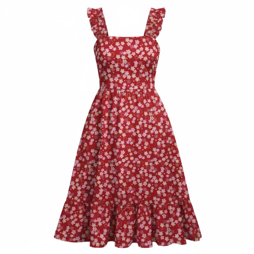 Red floral square-neck A-line midi dress with elastic straps and ruffled high waist