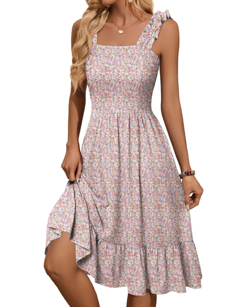Light pastel floral women's midi dress with square neck, ruffled elastic straps, tiered skirt.