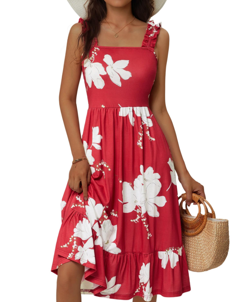 Red floral women's midi dress with square neck, ruffled elastic straps, flowy tiered skirt.