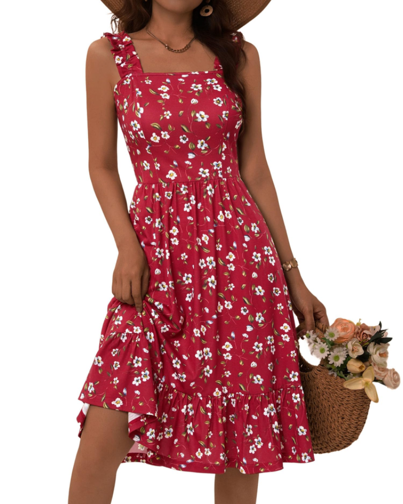 Deep red floral women's midi dress with square neck, ruffled straps, tiered knee-length hem.