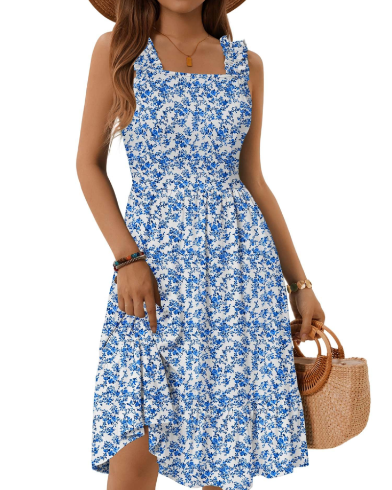 Light blue floral women's midi dress with square neck, ruffled elastic straps, tiered skirt.