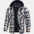 Warm hooded jacket with quilted black lining and yellow, navy, and white plaid front