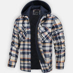 Warm hooded jacket with quilted black lining and yellow, navy, and white plaid front