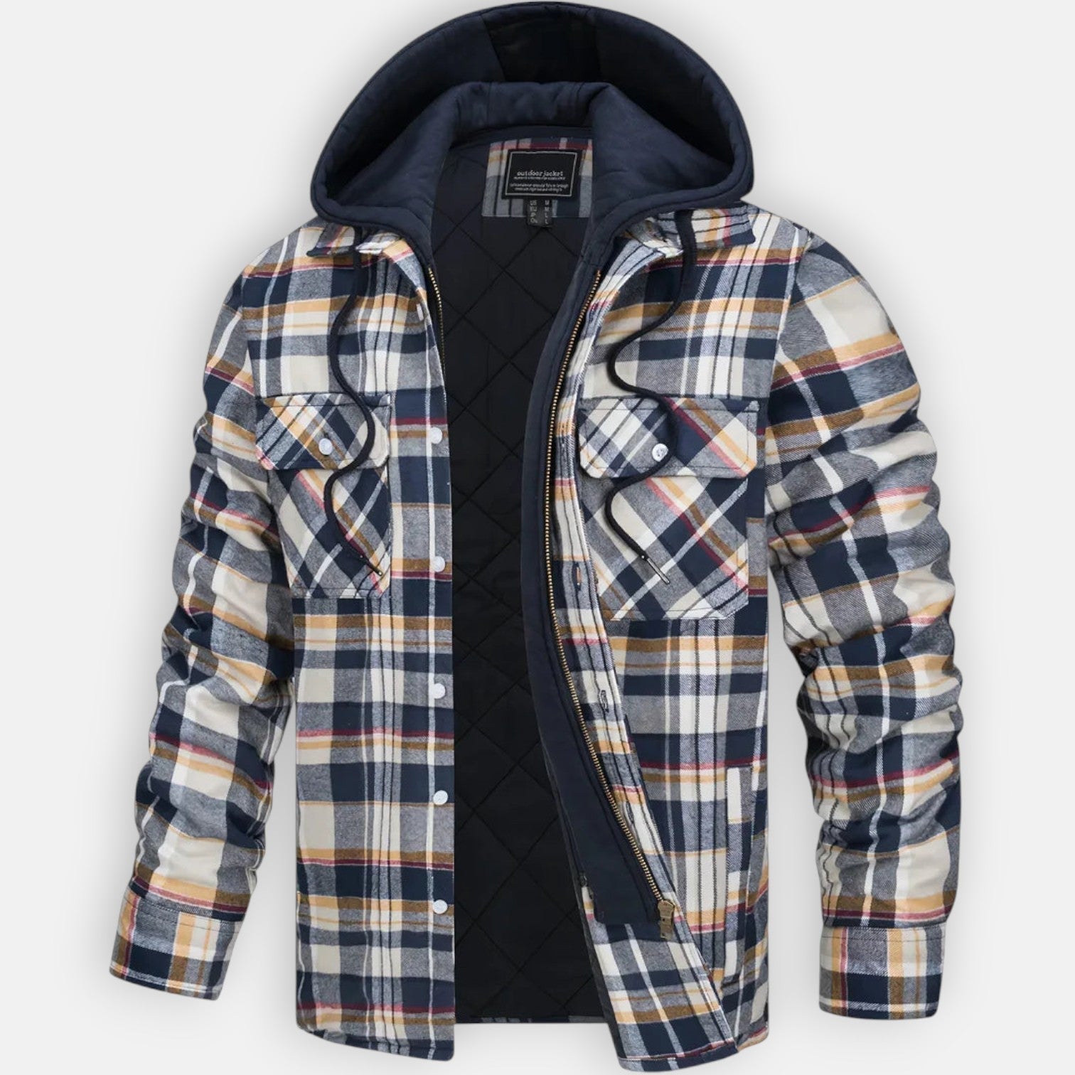 Warm hooded jacket with quilted black lining and yellow, navy, and white plaid front