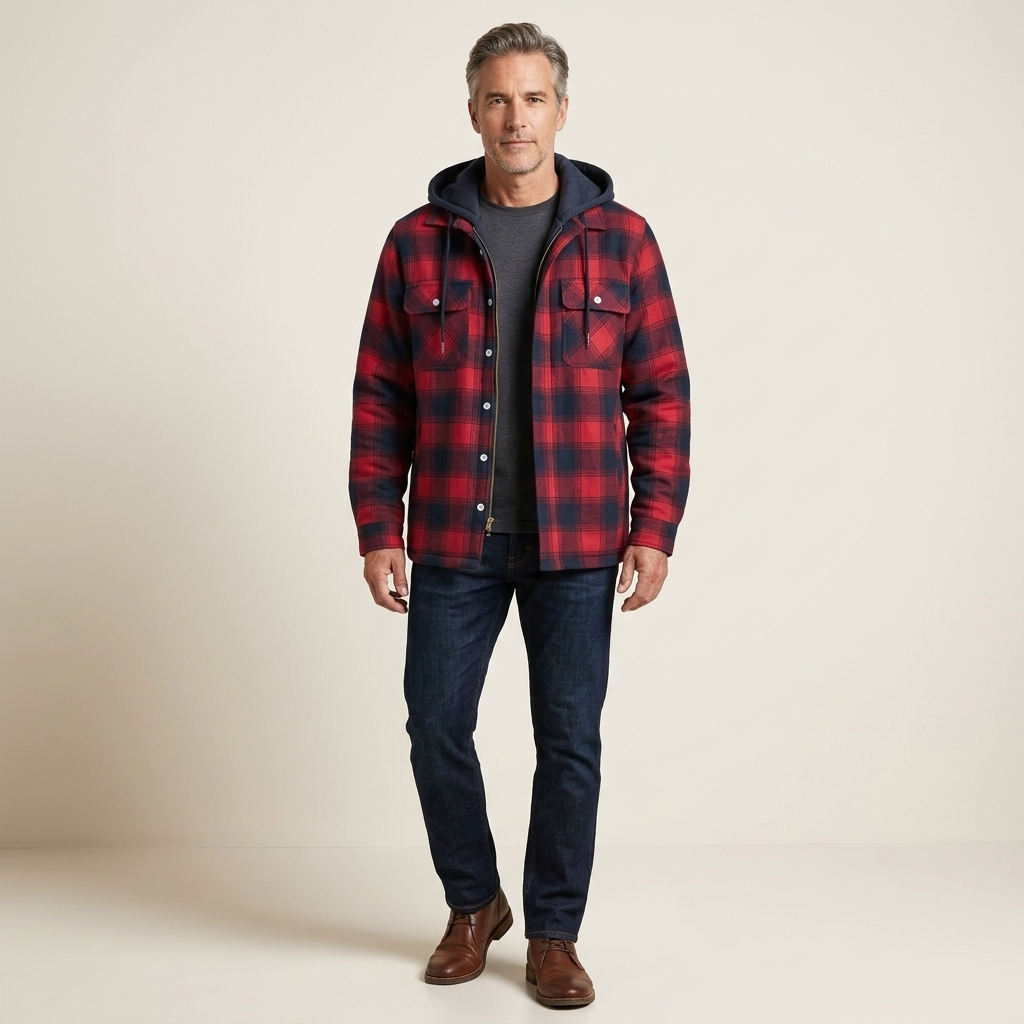 Men's quilted plaid winter jacket with hood, red and black, zip front and pockets
