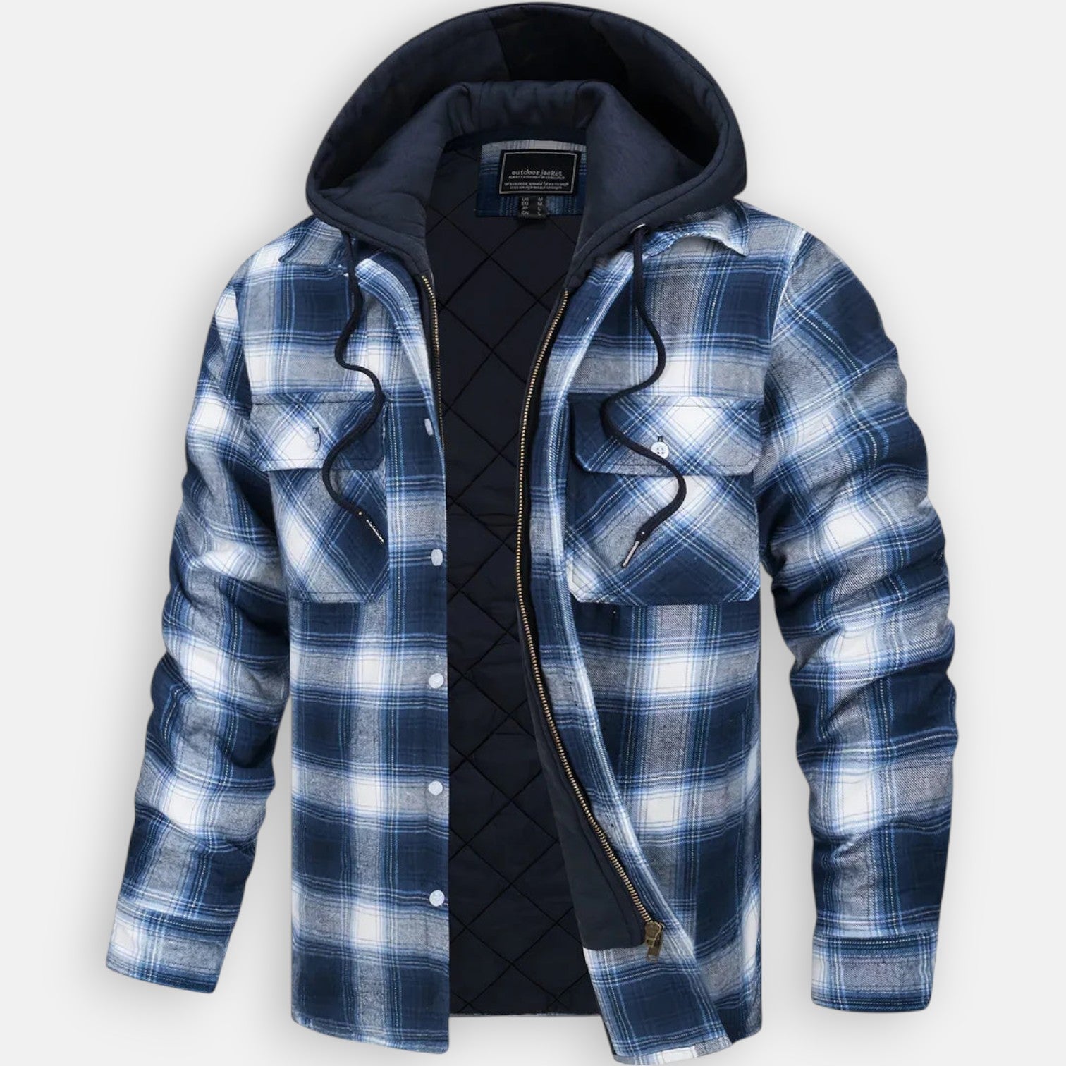 Warm hooded jacket with quilted black lining and blue plaid button-front