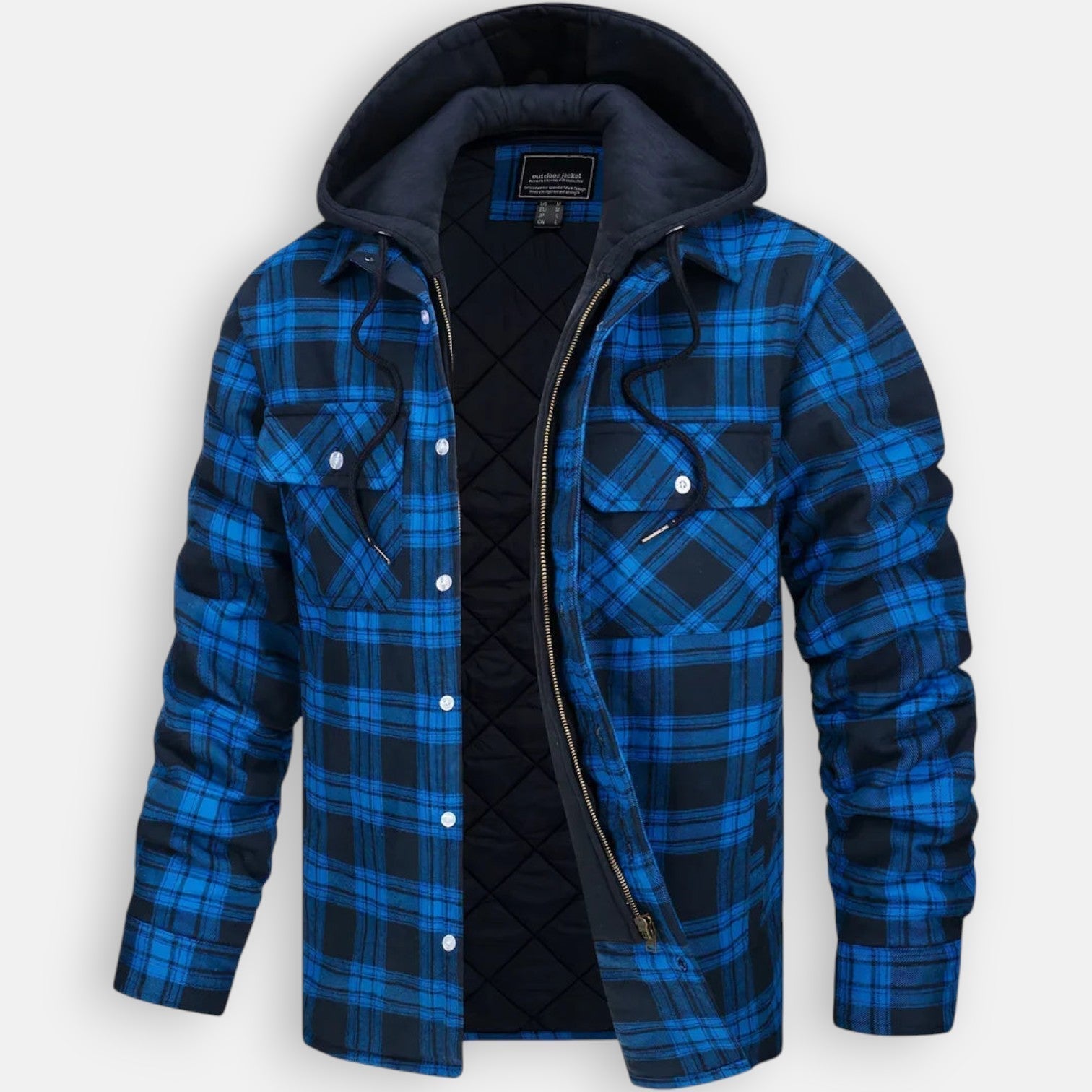 Warm hooded jacket with quilted black lining and blue plaid with dark hood