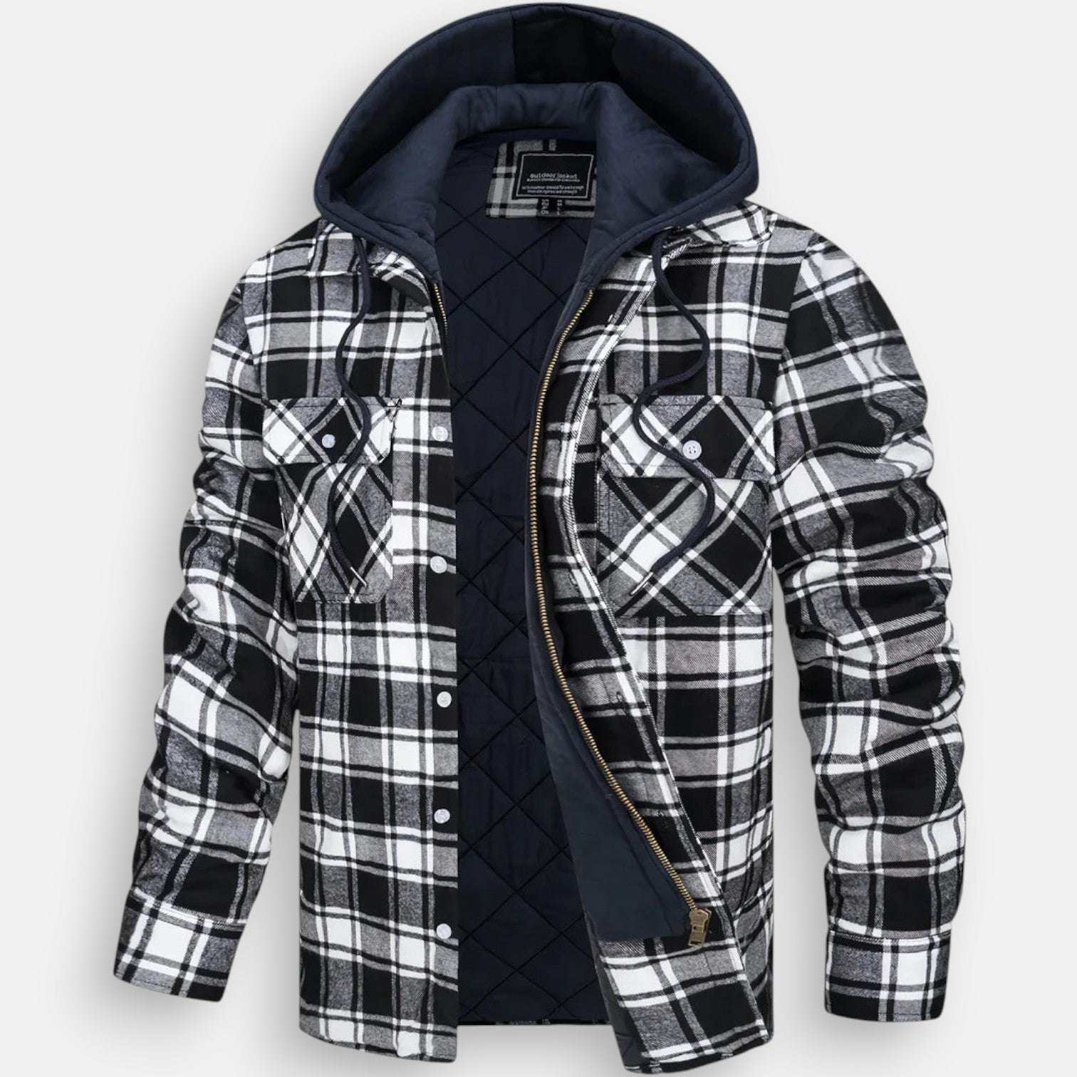 Warm hooded jacket with quilted black lining and black-and-white plaid button-front