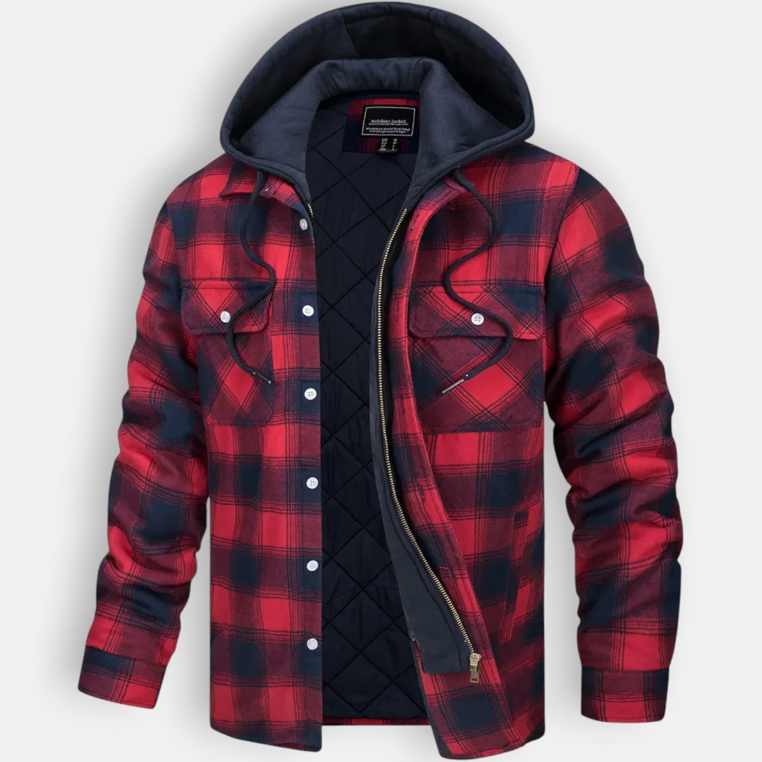Warm hooded jacket with quilted black lining and red plaid button-front