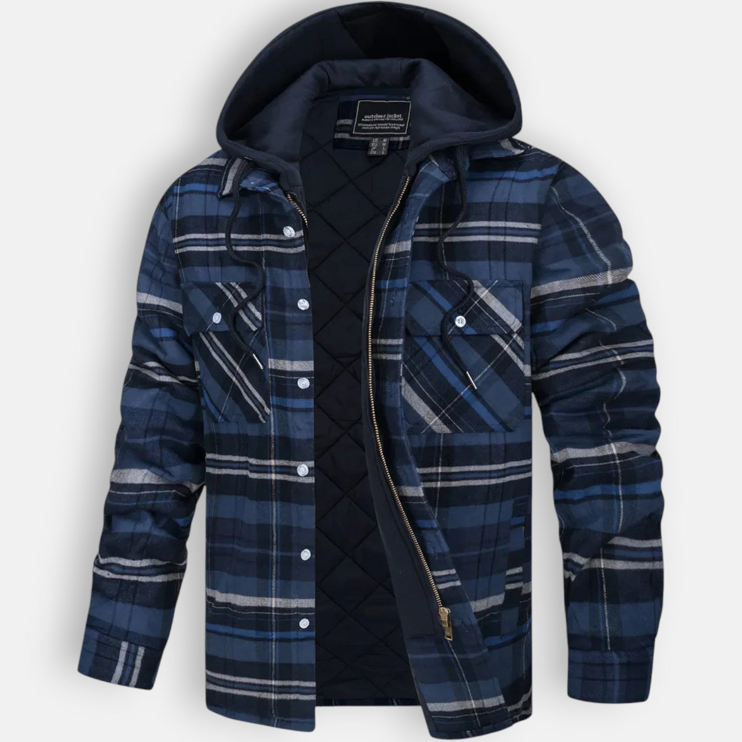 Warm hooded jacket with quilted black lining and dark blue plaid button-front