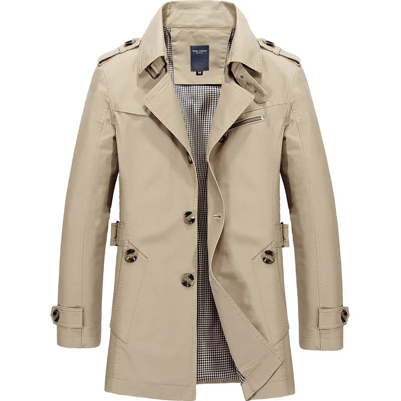 Beige classic trench coat with notched lapel, front buttons, and epaulets on shoulders.