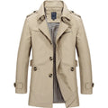 Beige classic trench coat with notched lapel, front buttons, and epaulets on shoulders.
